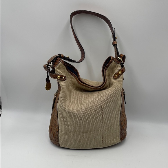 Vintage Brahmin Tan and Brown Leather & Finished Burlap Shoulder